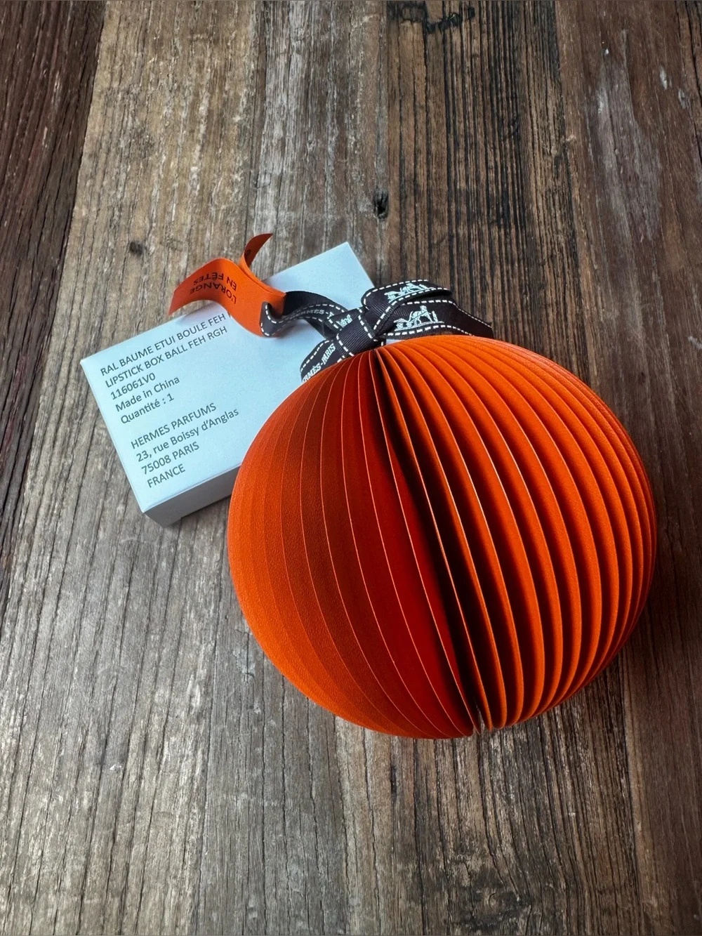 Hermes Orange Paper Ornament with Branded Ribbon